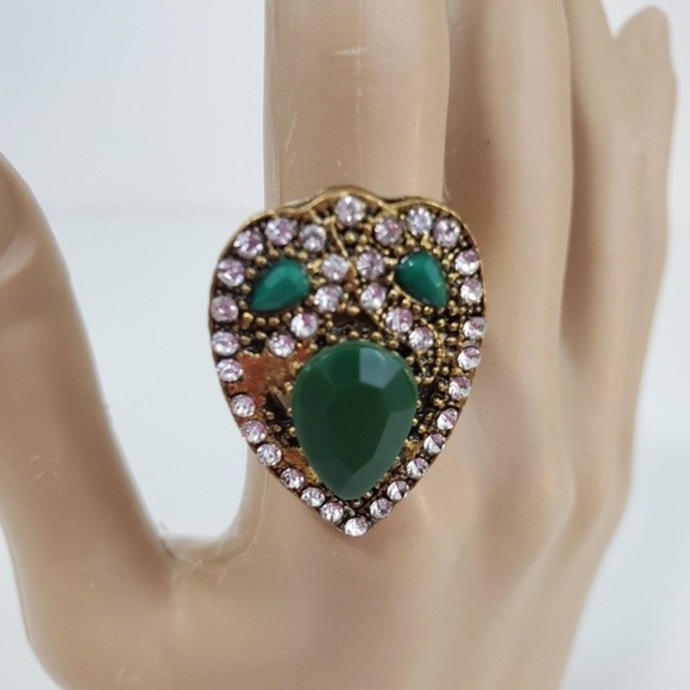 Gold Silver Green Bohemian Cocktail Ring  size 9 Art Deco  *